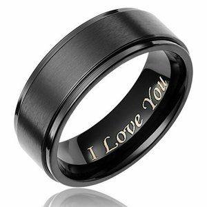 I Love You - Engraved Unisex or Men's Titanium Wedding Band (8mm). Black Ring.